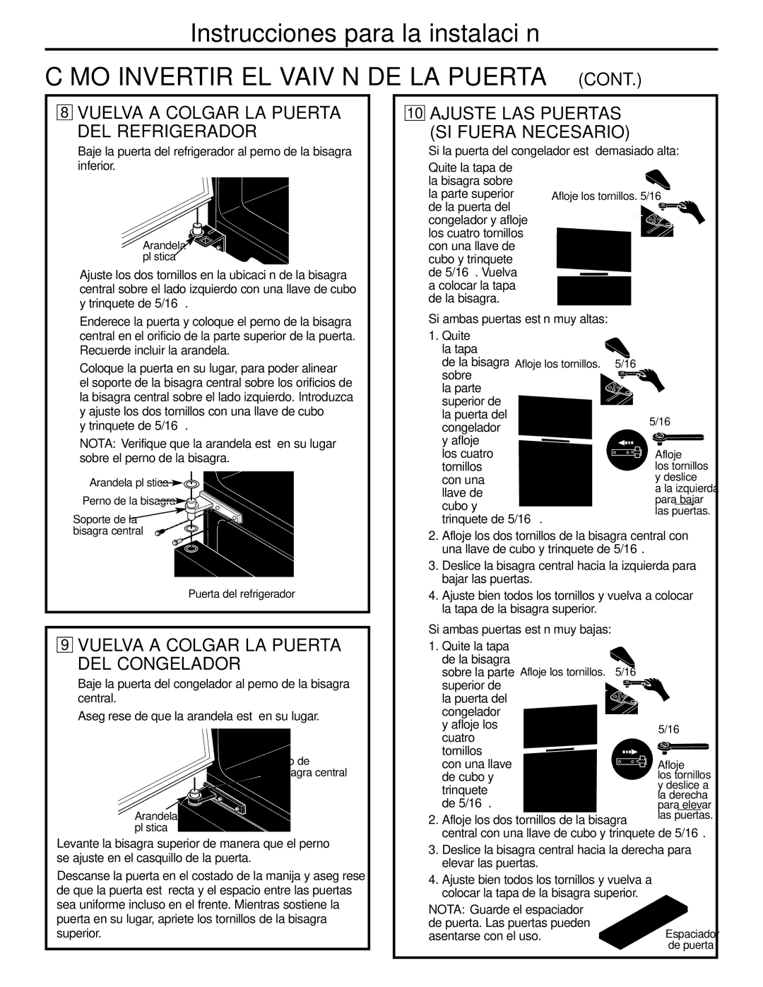 GE GTL21, GTH21 installation instructions Vuelva a Colgar LA Puerta DEL Refrigerador, Ajuste LAS Puertas SI Fuera Necesario 