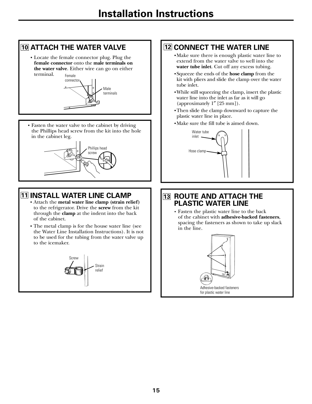 GE GTH21, GTL21 Installation Instructions, Attach The Water Valve, Connect The Water Line, Install Water Line Clamp 