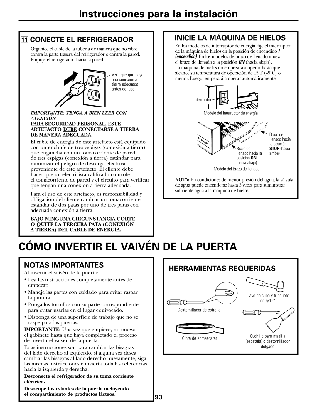 GE GTH21 Cómo Invertir El Vaivén De La Puerta, Conecte El Refrigerador, Inicie La Máquina De Hielos, Notas Importantes 
