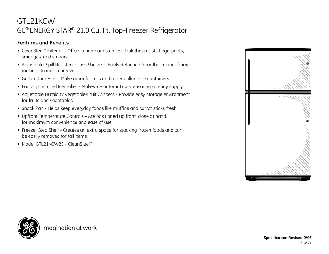 GE GTL21KCW dimensions Features and Benefits 