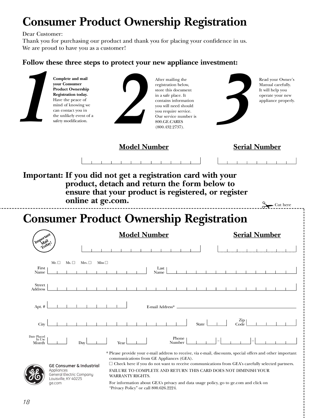 GE GTR12, gtr10 owner manual Consumer Product Ownership Registration 