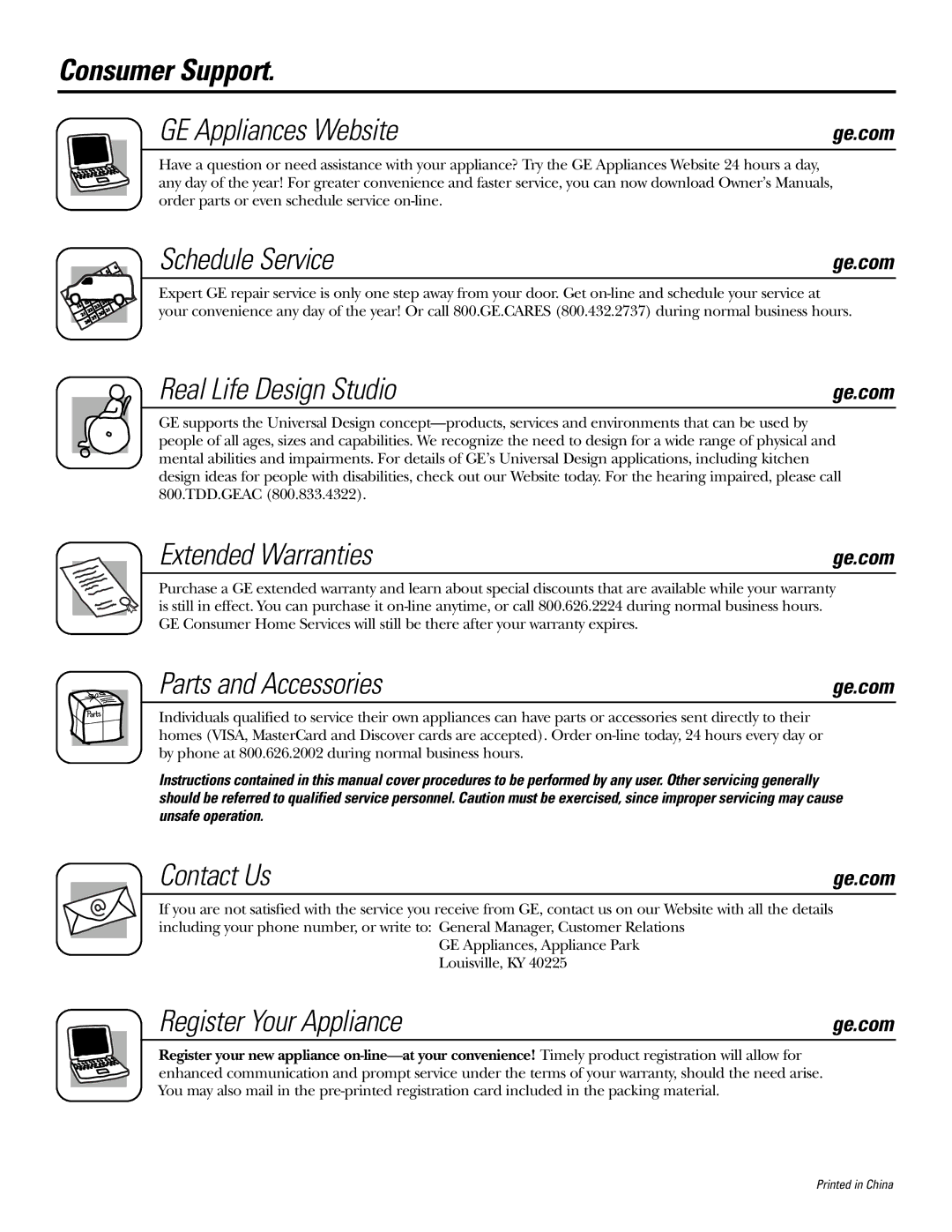 GE GTR12, gtr10 Consumer Support GE Appliances Website, Schedule Service, Real Life Design Studio, Extended Warranties 