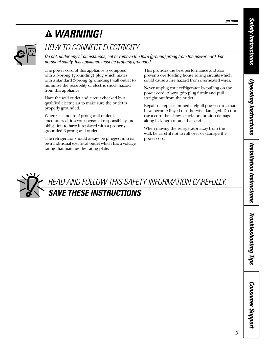 GE gtr10, GTR12 owner manual HOW to Connect Electricity 