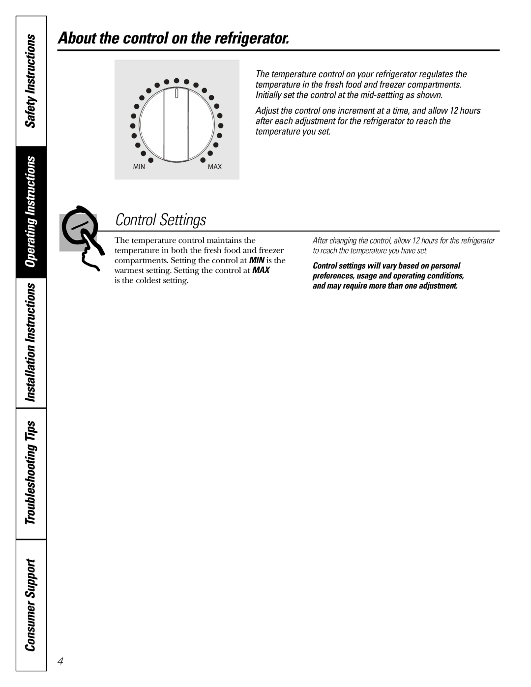 GE GTR12, gtr10 owner manual About the control on the refrigerator, Control Settings 