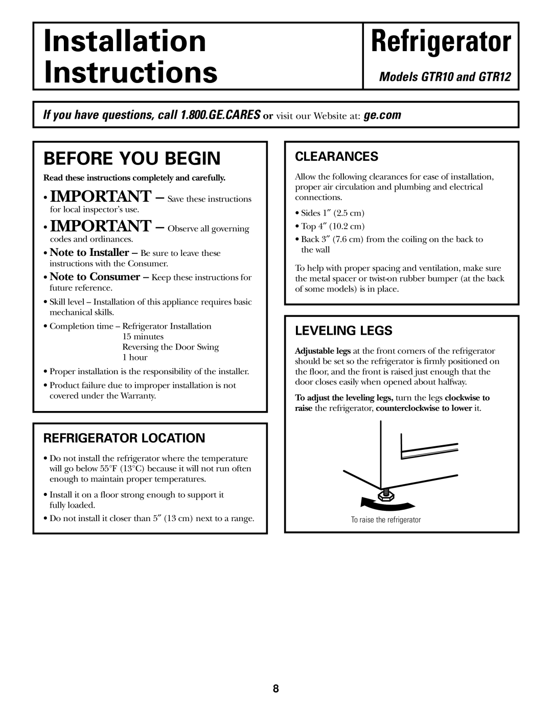 GE GTR12, gtr10 owner manual Refrigerator Location, Clearances, Leveling Legs 