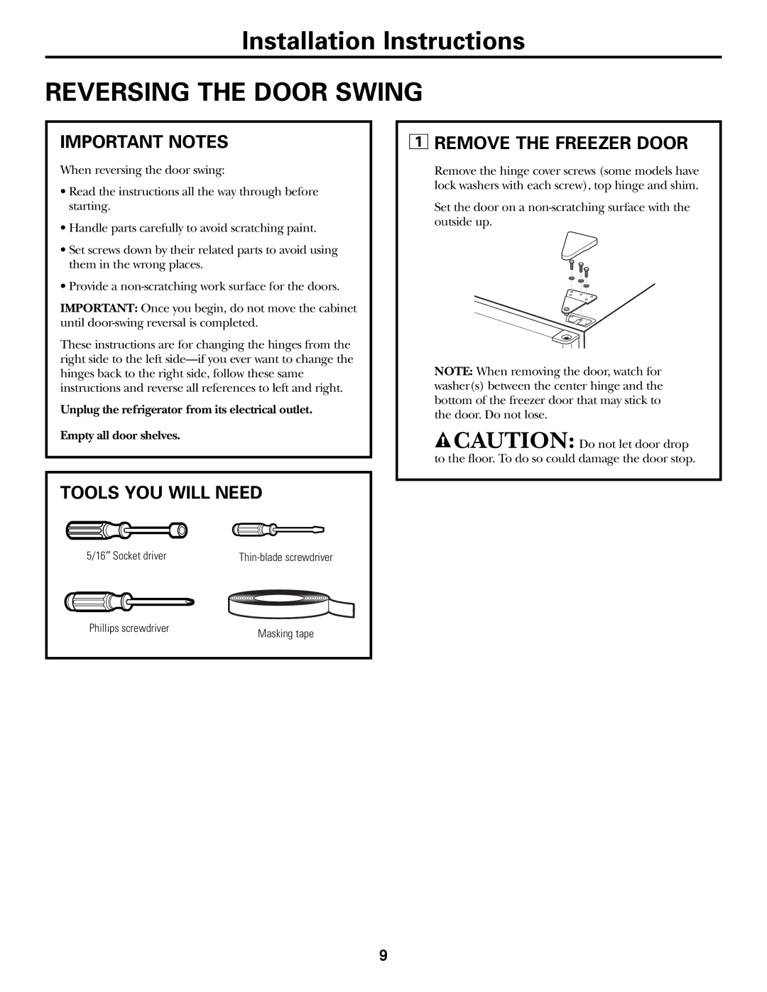 GE gtr10, GTR12 owner manual Important Notes, Remove the Freezer Door, Tools YOU will Need 