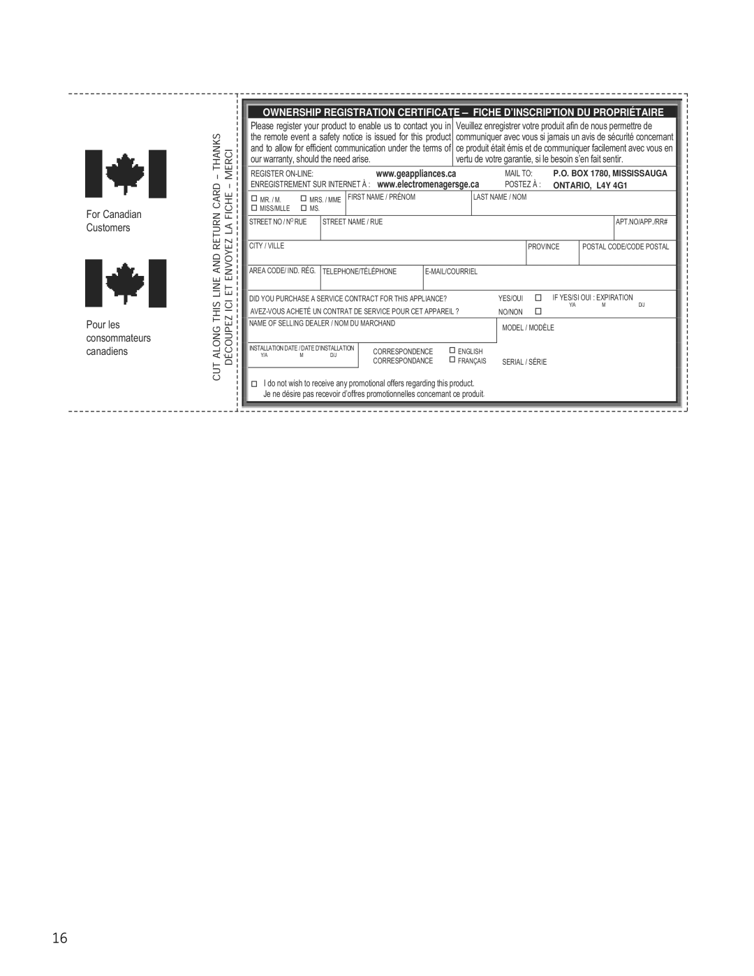 GE GTR12 owner manual For Canadian Customers Pour les consommateurs canadiens 