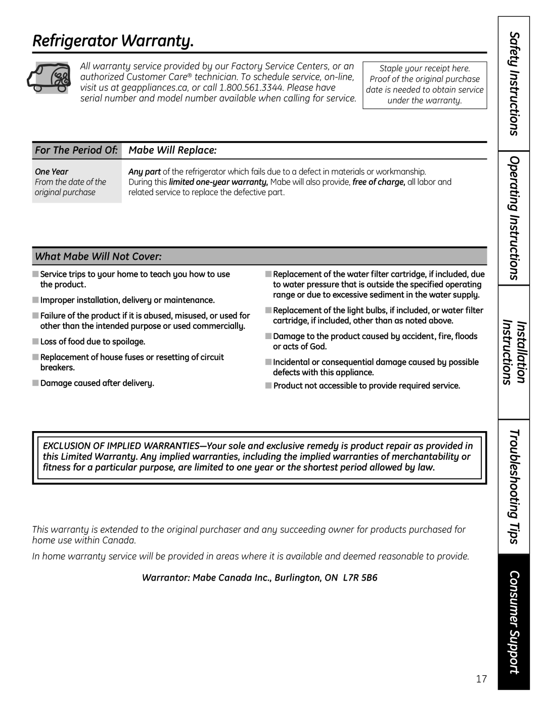 GE GTR12 owner manual Refrigerator Warranty, Warrantor Mabe Canada Inc., Burlington, on L7R 5B6 