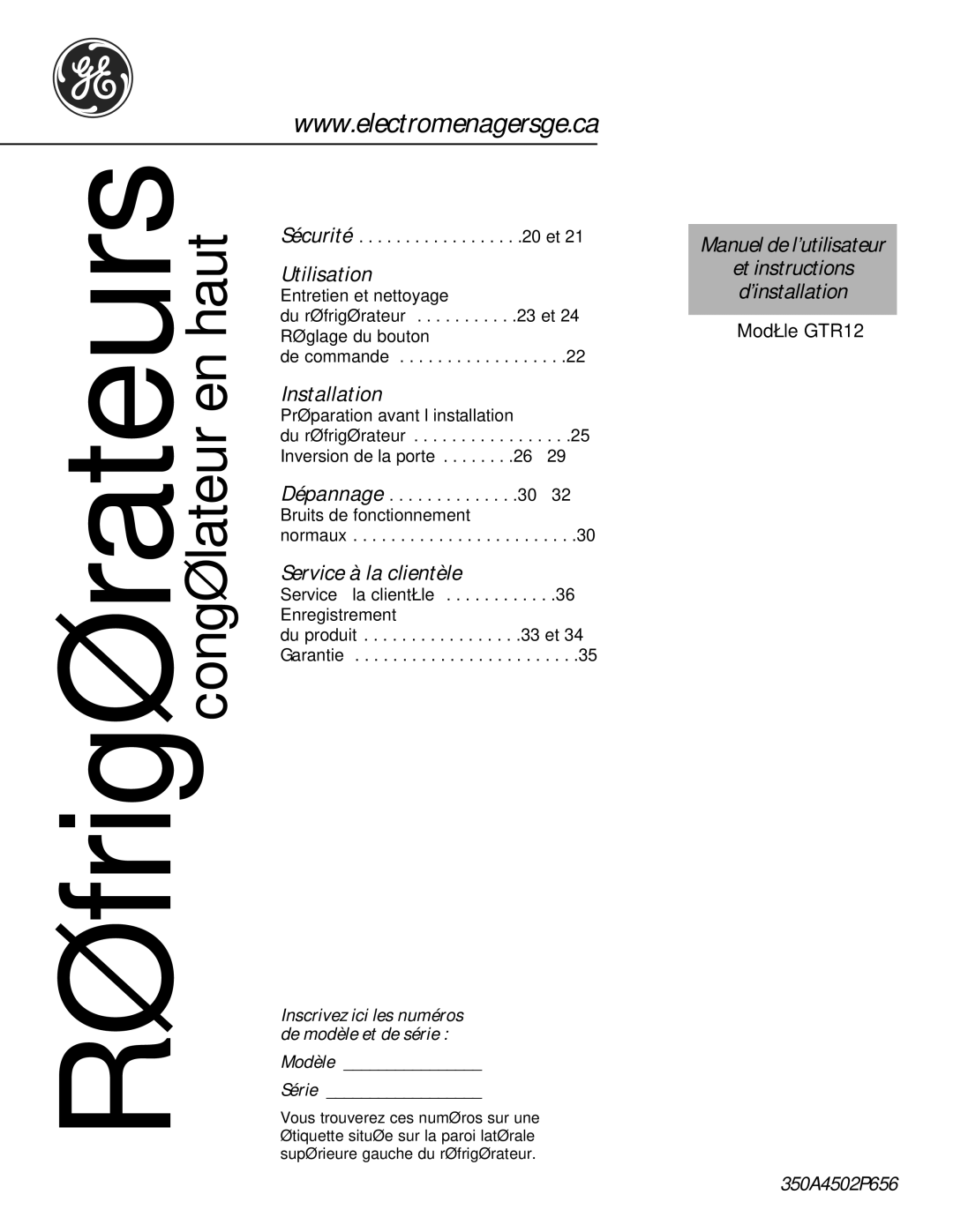 GE GTR12 owner manual Réfrigérateurs à congélateur en haut, Modèle Série 