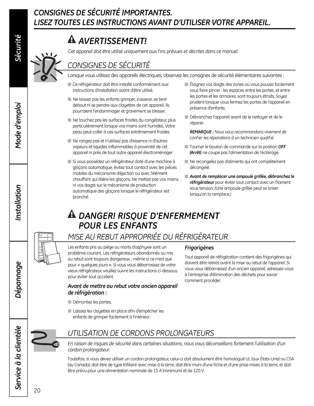 GE GTR12 owner manual ConsignesdesécuritéSécurité, Frigorigènes, De réfrigération 