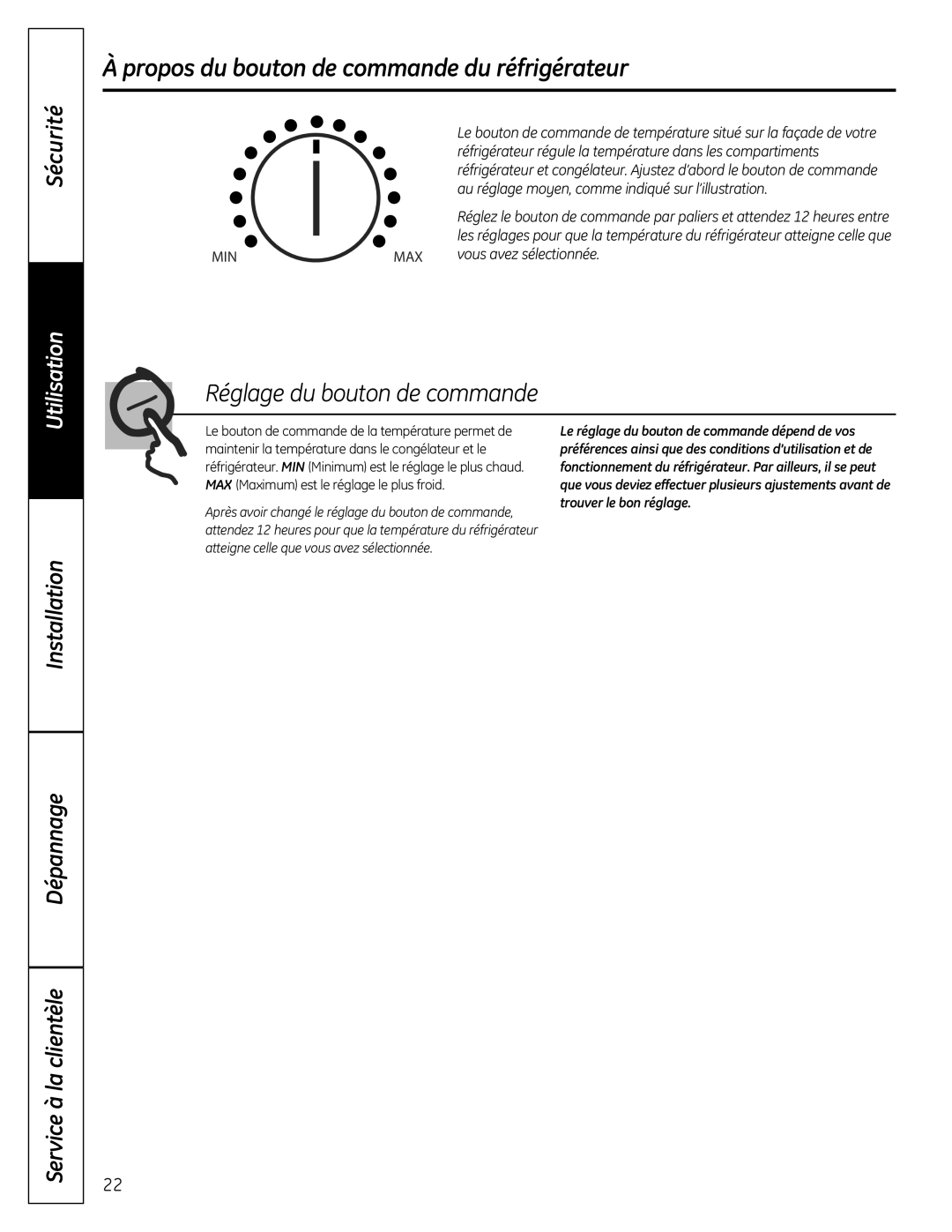 GE GTR12 owner manual Propos du bouton de commande du réfrigérateur, Réglage du bouton de commande 