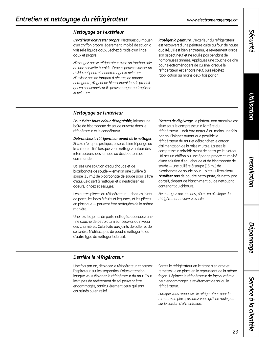 GE GTR12 owner manual Entretien et nettoyage du réfrigérateur, Nettoyage de l’extérieur, Derrière le réfrigérateur 