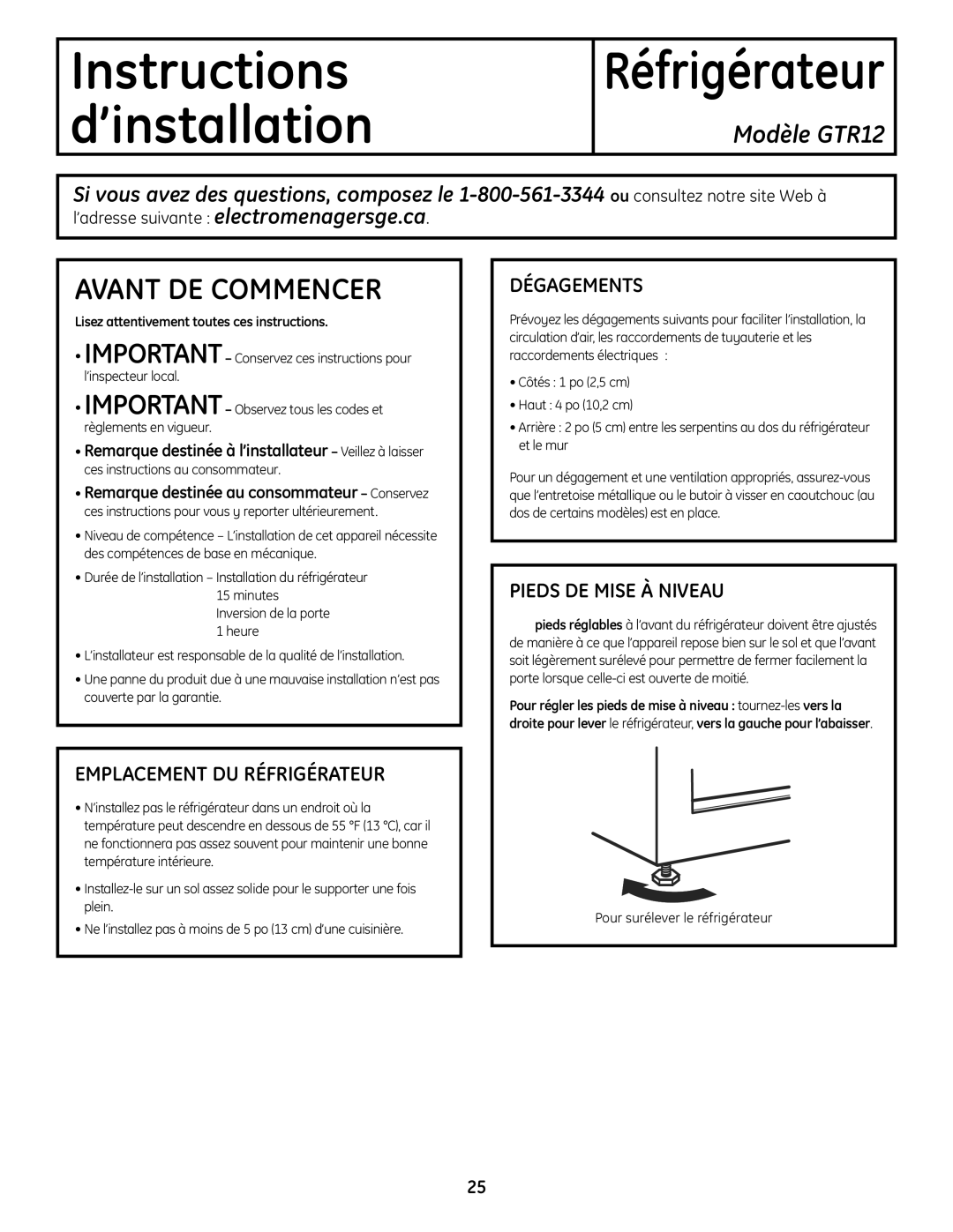 GE owner manual Réfrigérateur, Modèle GTR12 