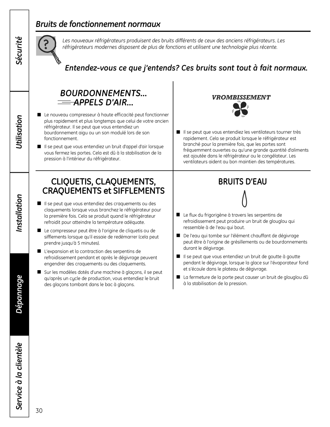 GE GTR12 owner manual Bruits de fonctionnement normaux, Bourdonnements 