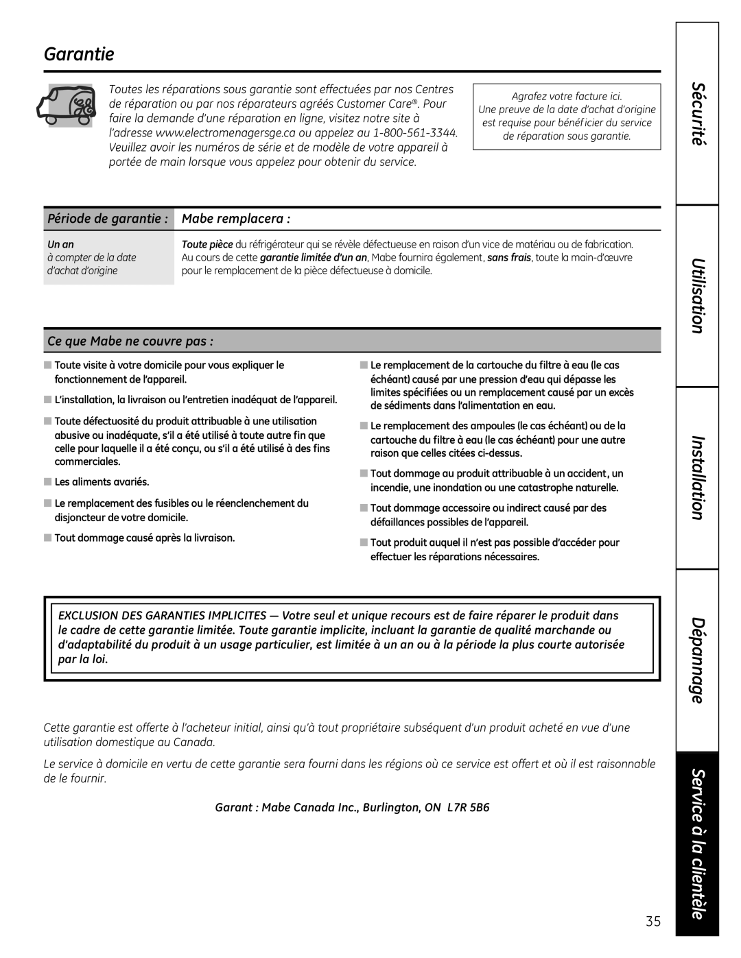 GE GTR12 owner manual Garantie, Période de garantie Mabe remplacera, Ce que Mabe ne couvre pas 