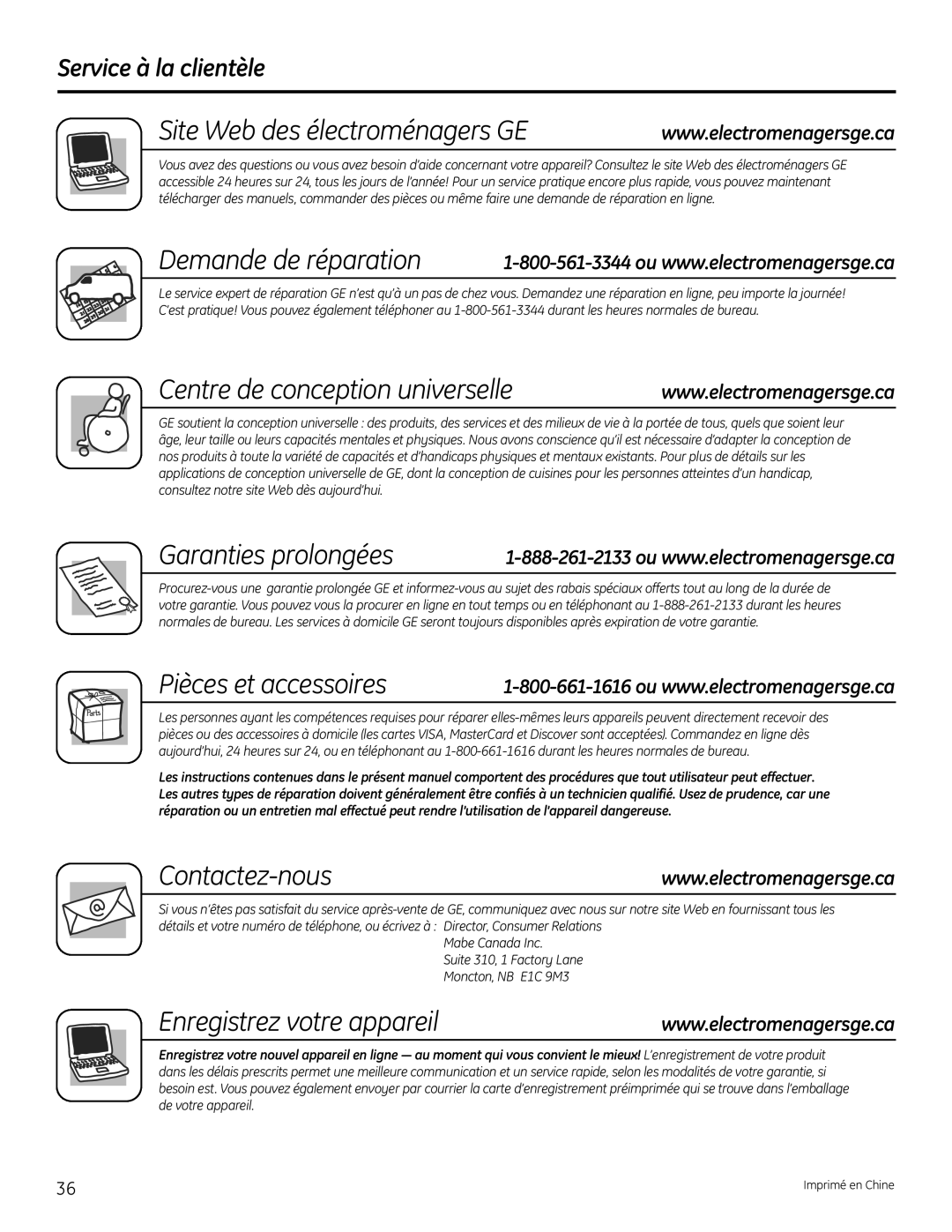 GE GTR12 owner manual Site Web des électroménagers GE, Service à la clientèle 