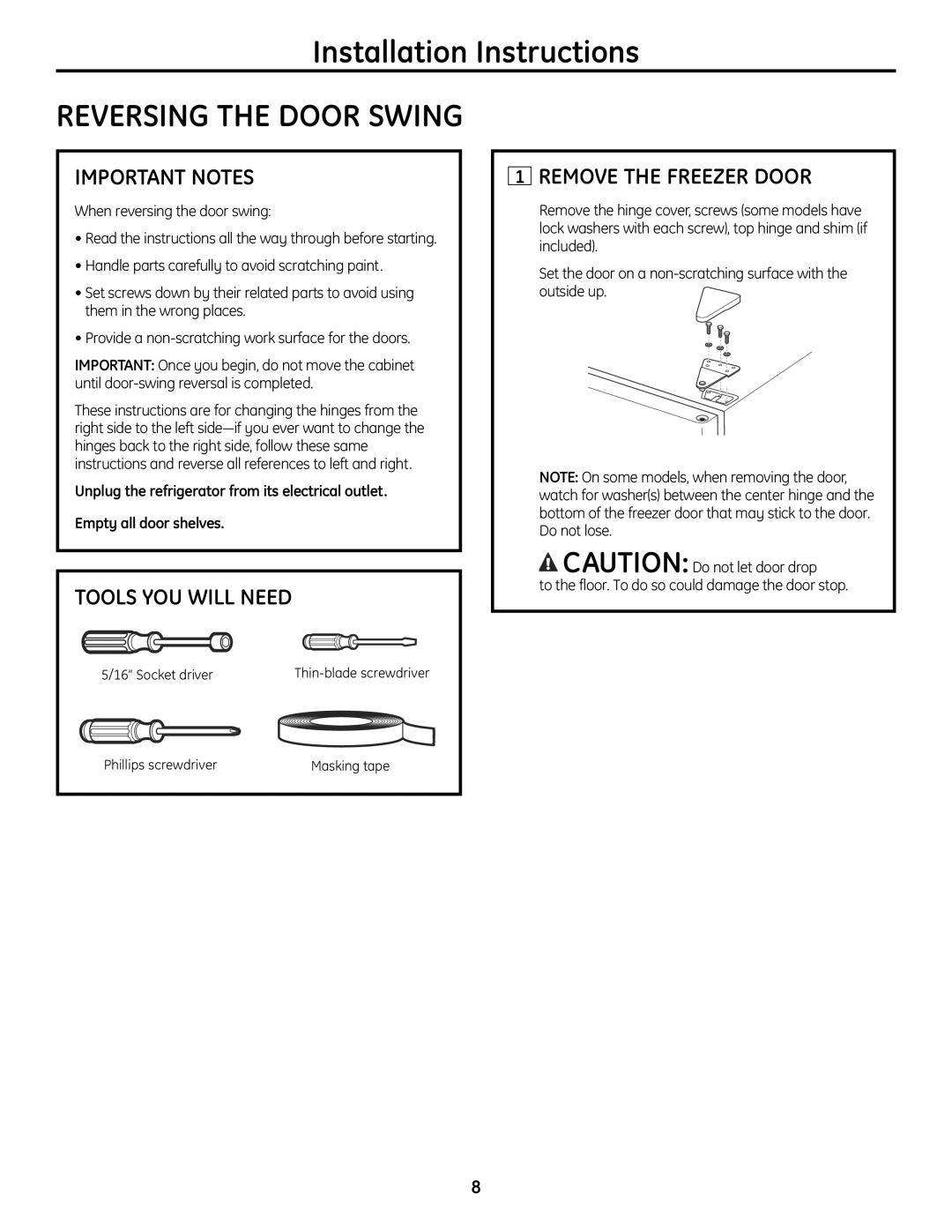 GE GTR12 owner manual Reversing the Door Swing 