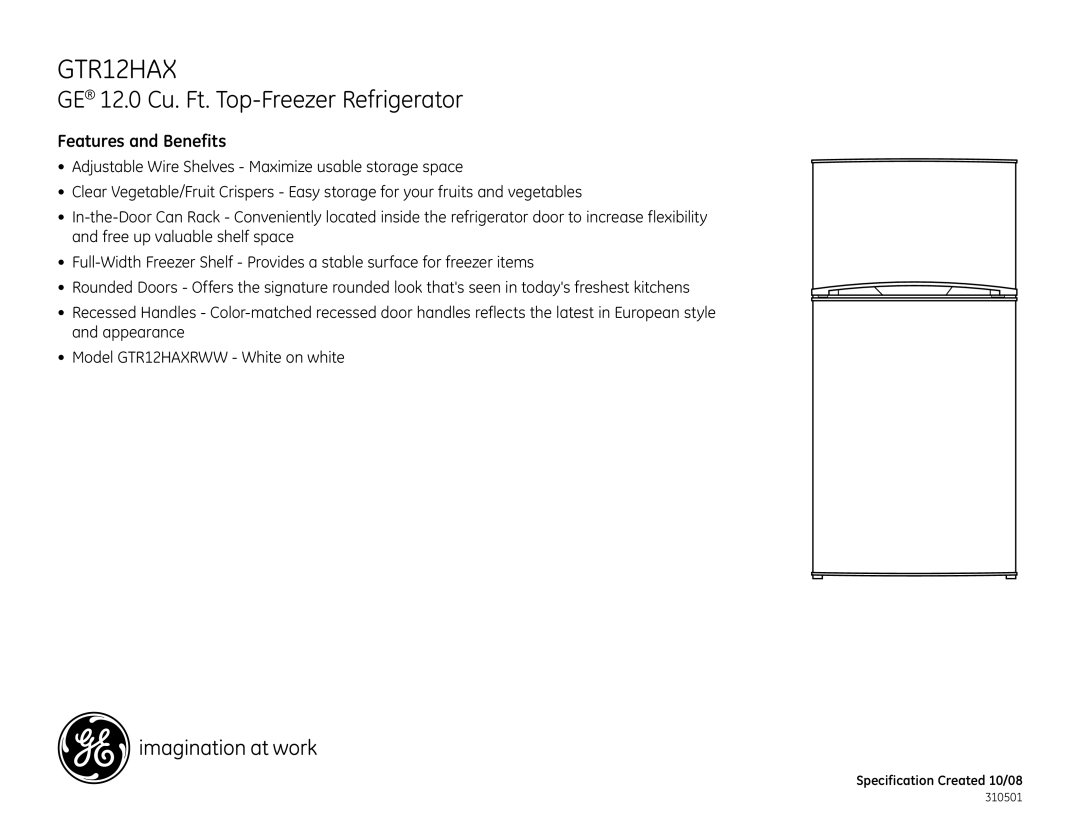 GE GTR12HAXRWW dimensions Features and Benefits 