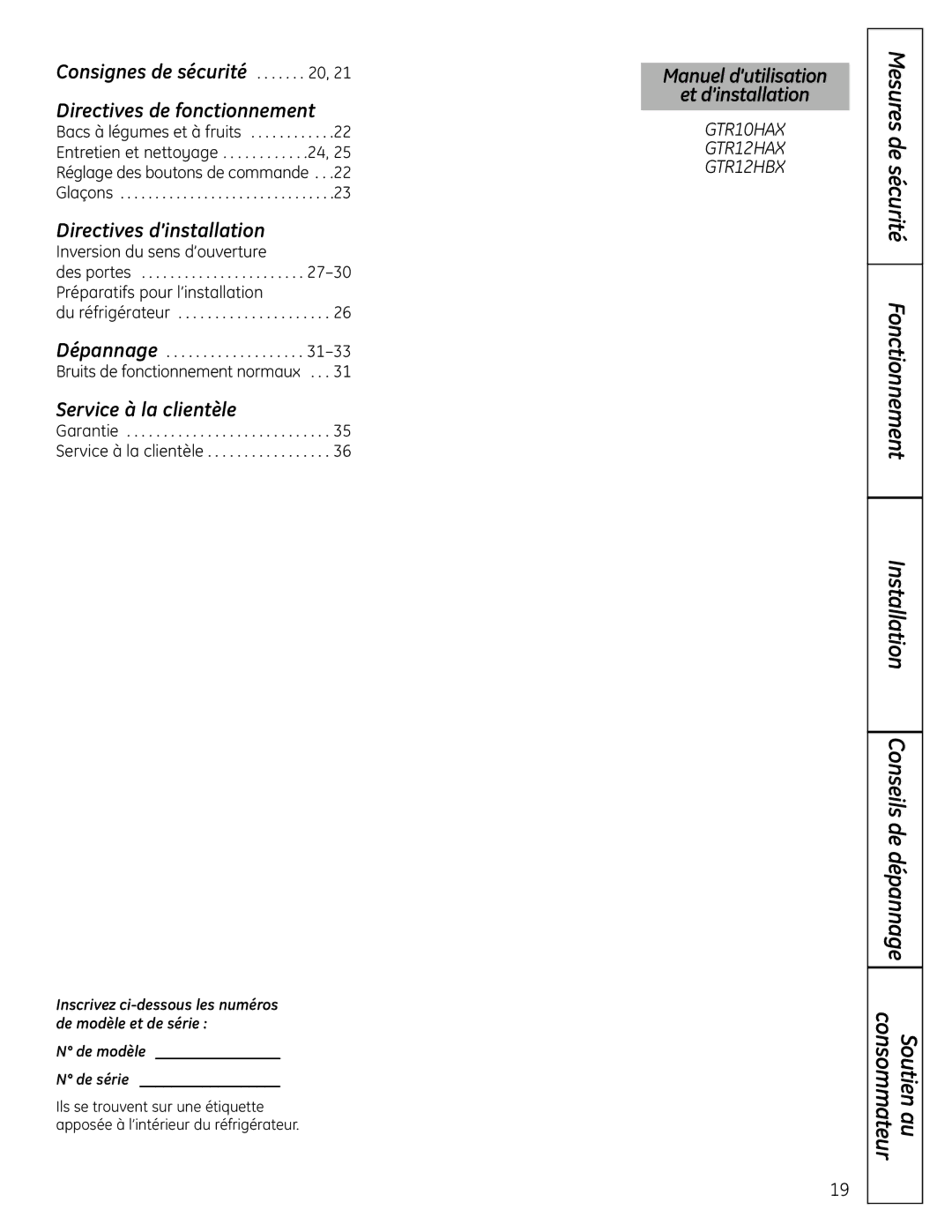 GE GTR10HAX, GTR12HBX Mesures de sécurité Fonctionnement Installation, Consignes de sécurité Directives de fonctionnement 