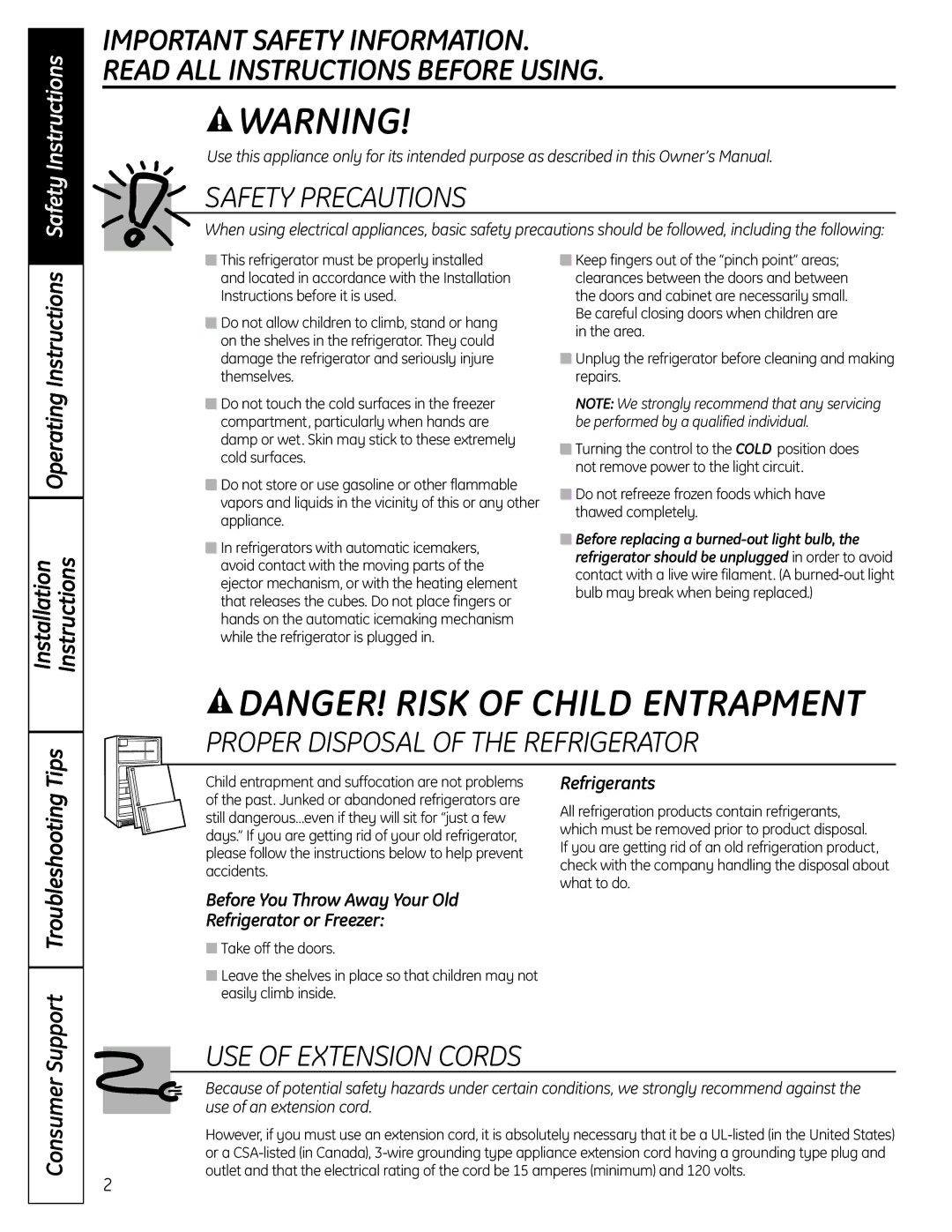 GE GTR12HBX, GTR10HAX OperatingInstructions Installation, Consumer Support TroubleshootingTips, Refrigerants 