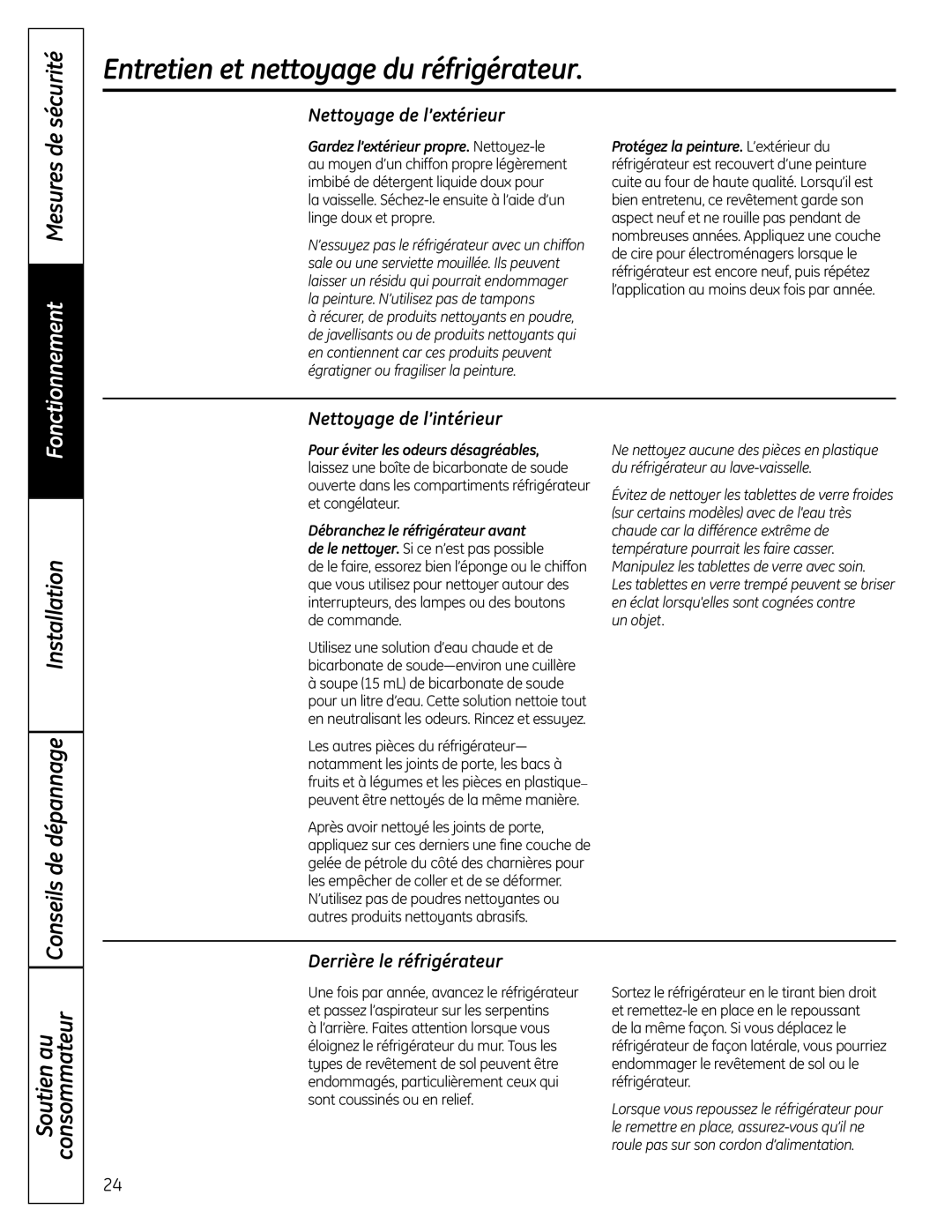 GE GTR12HBX, GTR10HAX Entretien et nettoyage du réfrigérateur, Sécurité, Installation Conseils de dépannage 