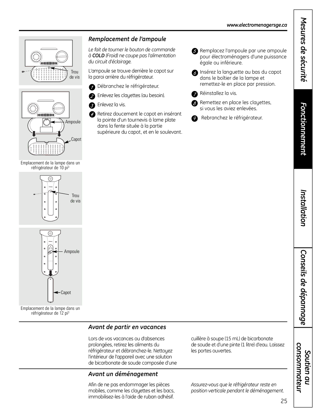 GE GTR10HAX, GTR12HBX Conseils de dépannage, Remplacement de l’ampoule, Avant de partir en vacances, Avant un déménagement 