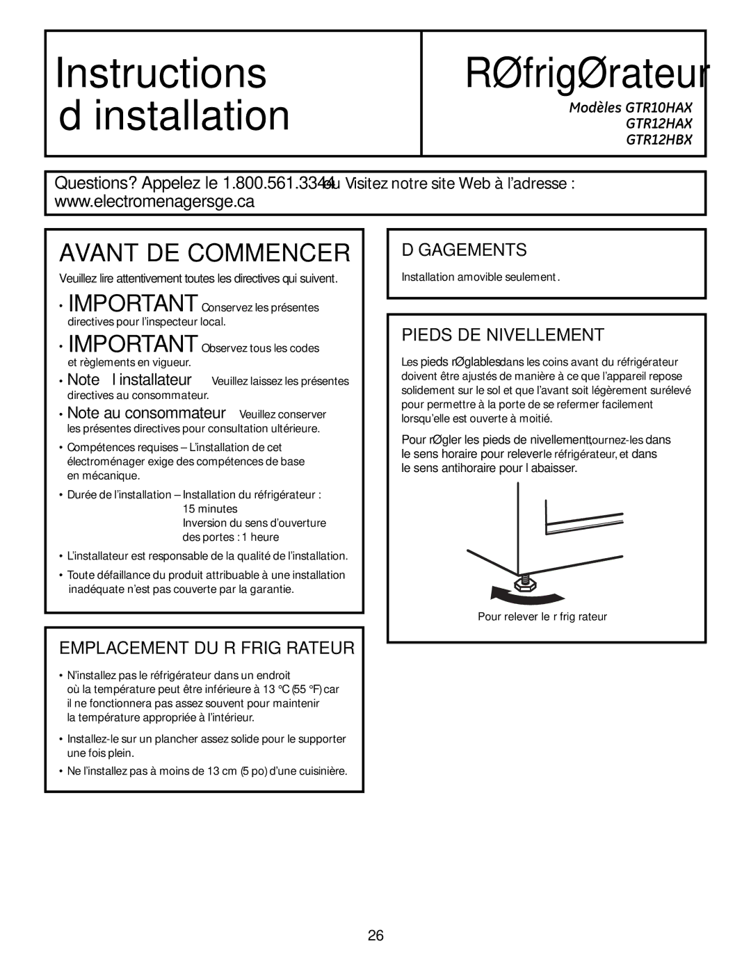 GE GTR12HBX Avant DE Commencer, Emplacement DU Réfrigérateur, Dégagements, Pieds DE Nivellement, Modèles GTR10HAX 