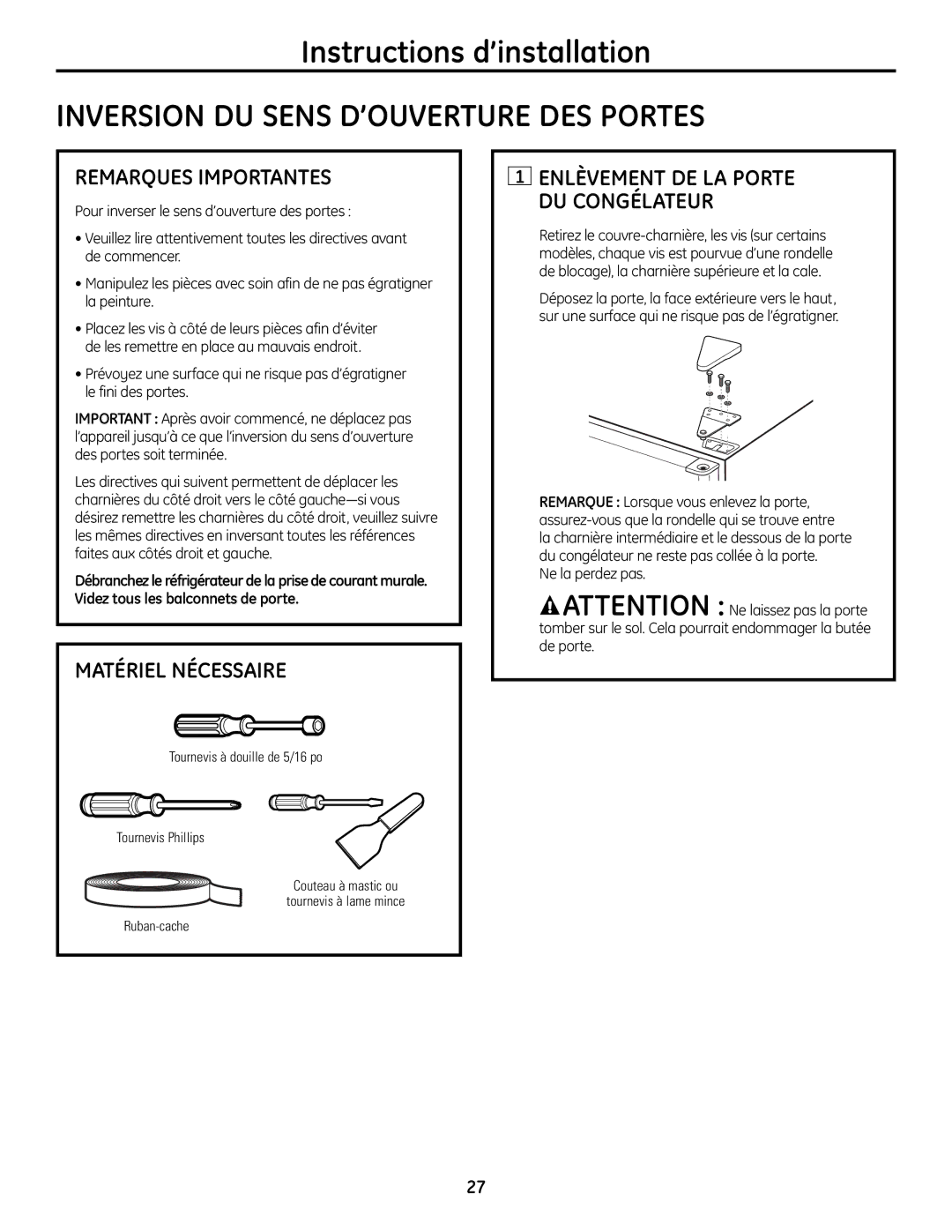 GE GTR10HAX Inversion DU Sens D’OUVERTURE DES Portes, Remarques Importantes, Matériel Nécessaire, Ne la perdez pas 
