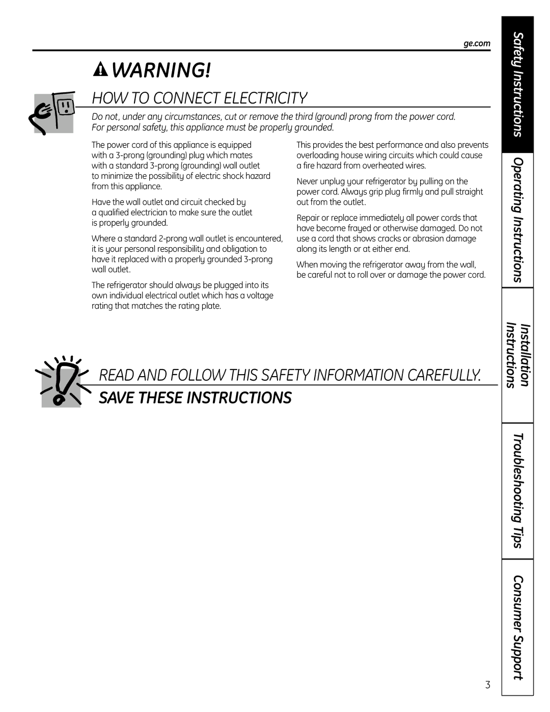 GE GTR10HAX, GTR12HBX operating instructions HOW to Connect Electricity, Operating Instructions 