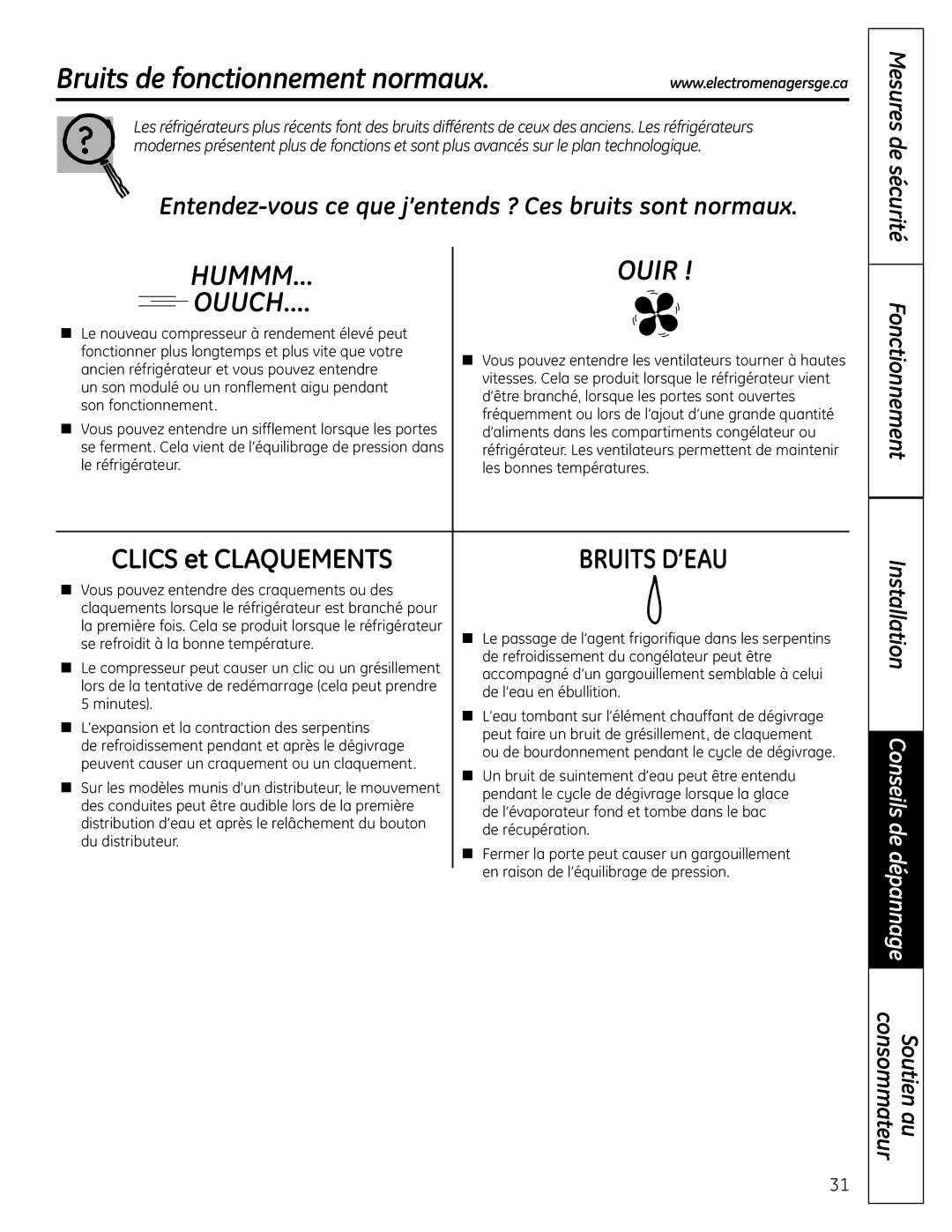 GE GTR10HAX, GTR12HBX operating instructions Bruits de fonctionnement normaux, Ancien réfrigérateur et vous pouvez entendre 