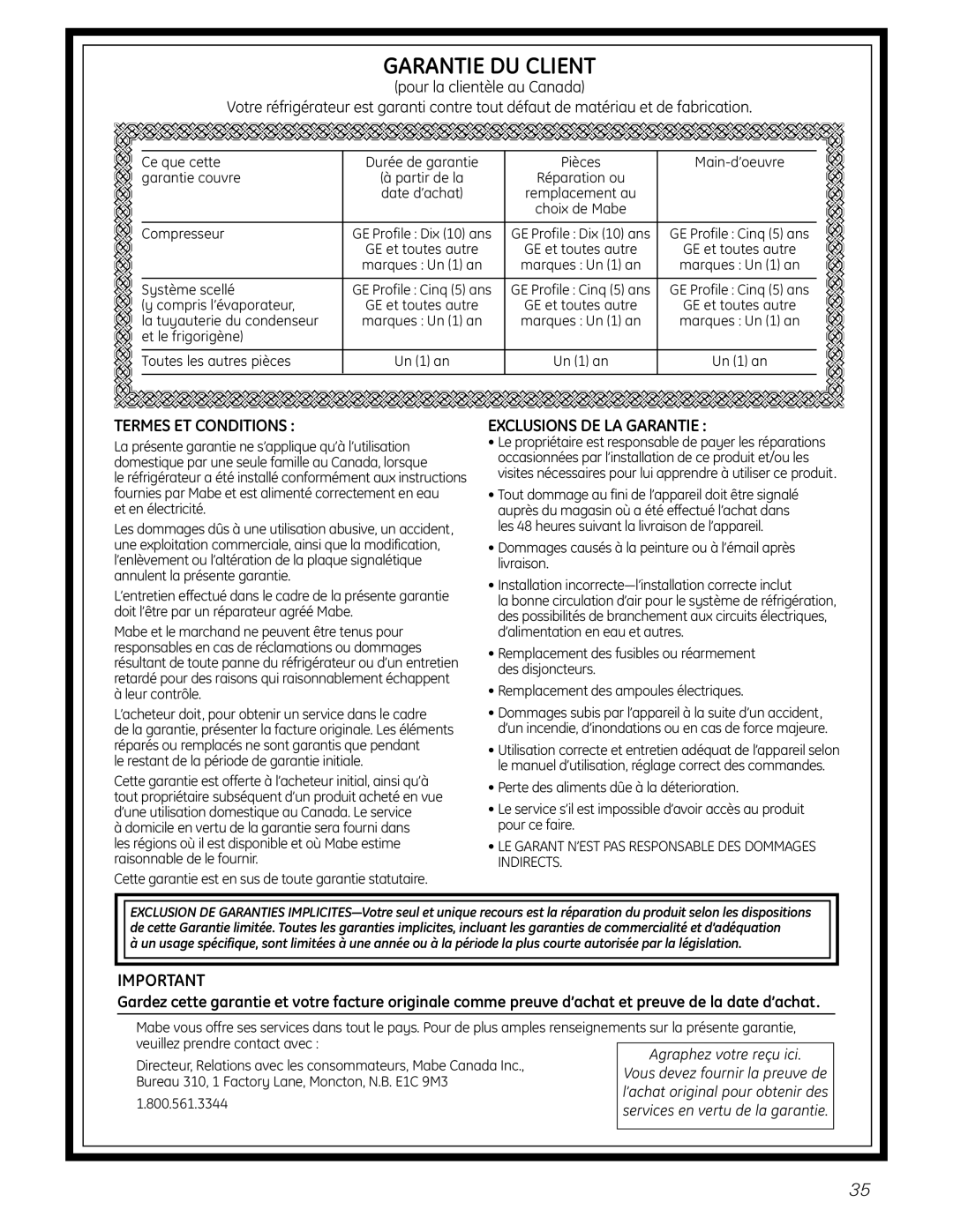 GE GTR10HAX, GTR12HBX operating instructions Compresseur, Système scellé, Compris l’évaporateur, La tuyauterie du condenseur 