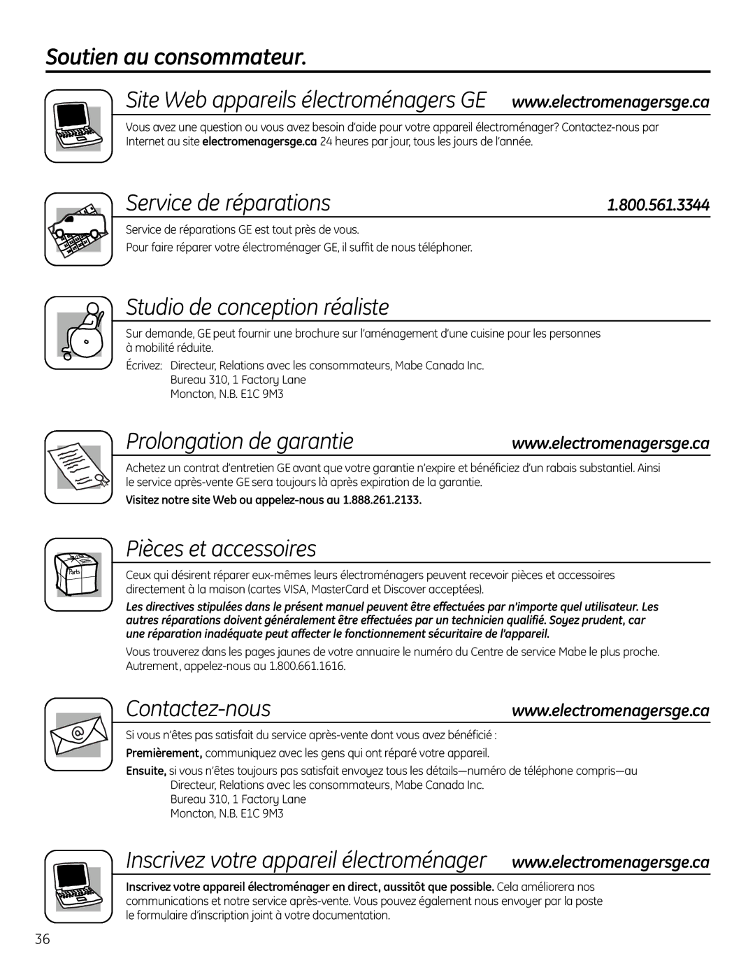 GE GTR12HBX, GTR10HAX operating instructions Soutien au consommateur, Service de réparations, Prolongation de garantie 