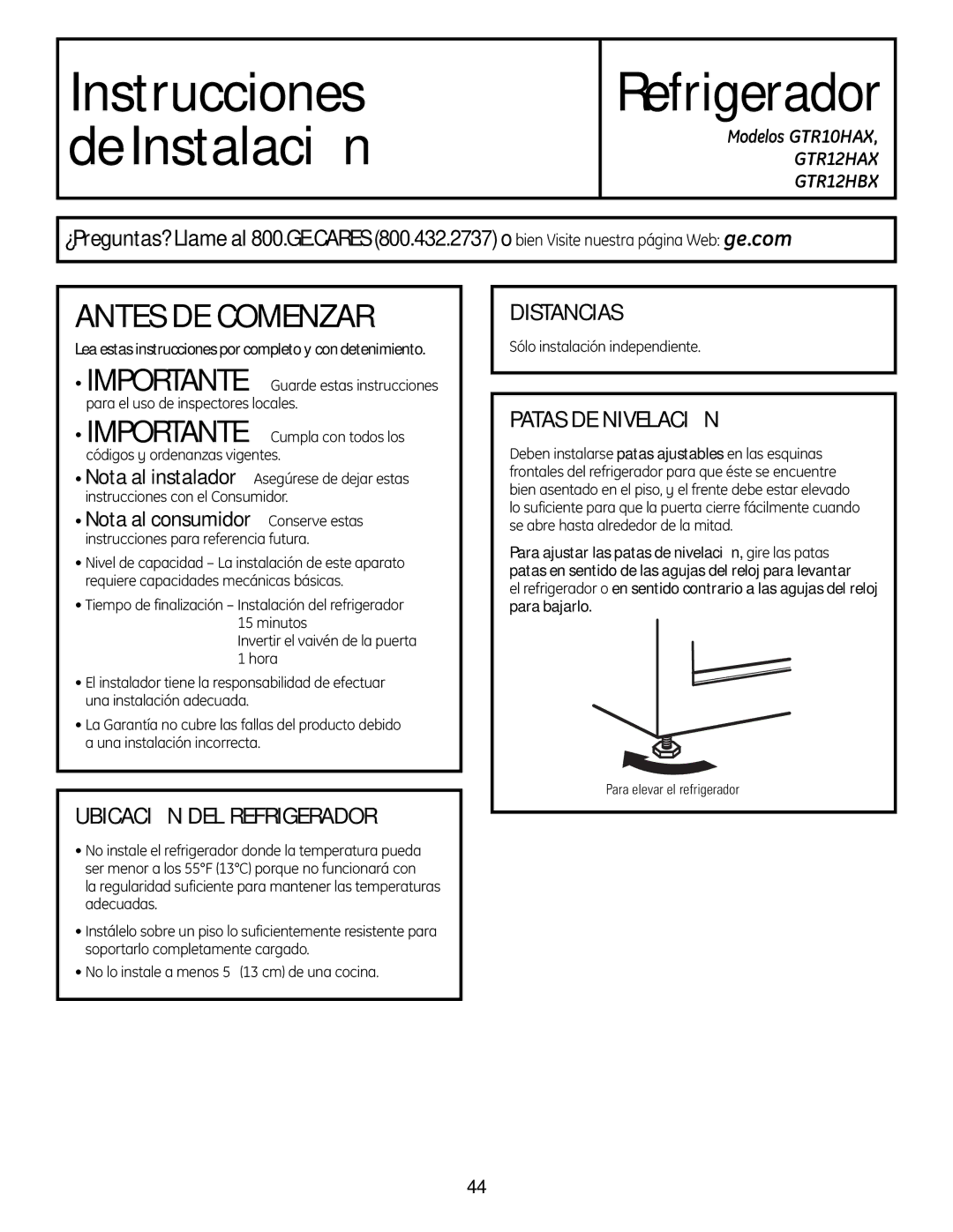 GE GTR12HBX Antes DE Comenzar, Ubicación DEL Refrigerador, Distancias, Patas DE Nivelación, Modelos GTR10HAX 