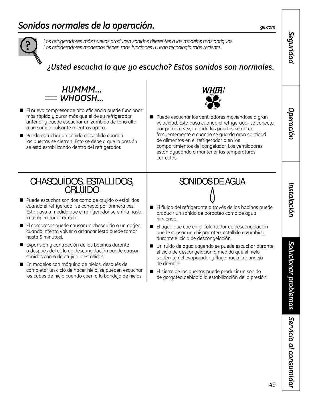 GE GTR10HAX, GTR12HBX operating instructions Sonidos normales de la operación, CHASQUIDOS, Estallidos 