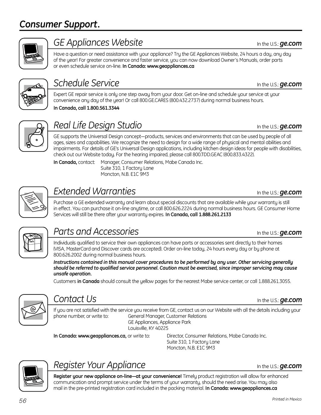 GE GTR12HBX, GTR10HAX operating instructions Consumer Support, Schedule Service 