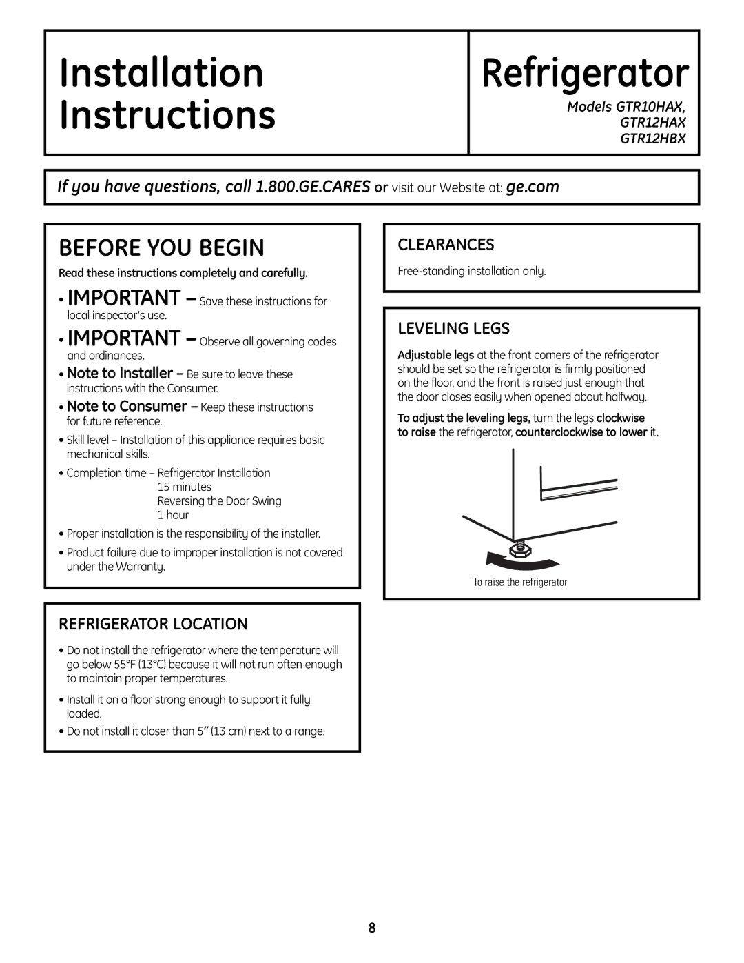 GE GTR12HBX operating instructions Before YOU Begin, Clearances, Leveling Legs, Refrigerator Location, Models GTR10HAX 