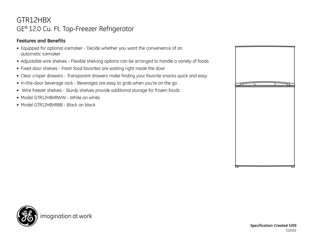 GE GTR12HBXRWW, GTR12HBXRBB dimensions Features and Benefits 