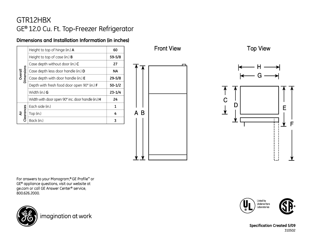 GE GTR12HBXRBB dimensions GE 12.0 Cu. Ft. Top-FreezerRefrigerator, Dimensions and Installation Information in inches 