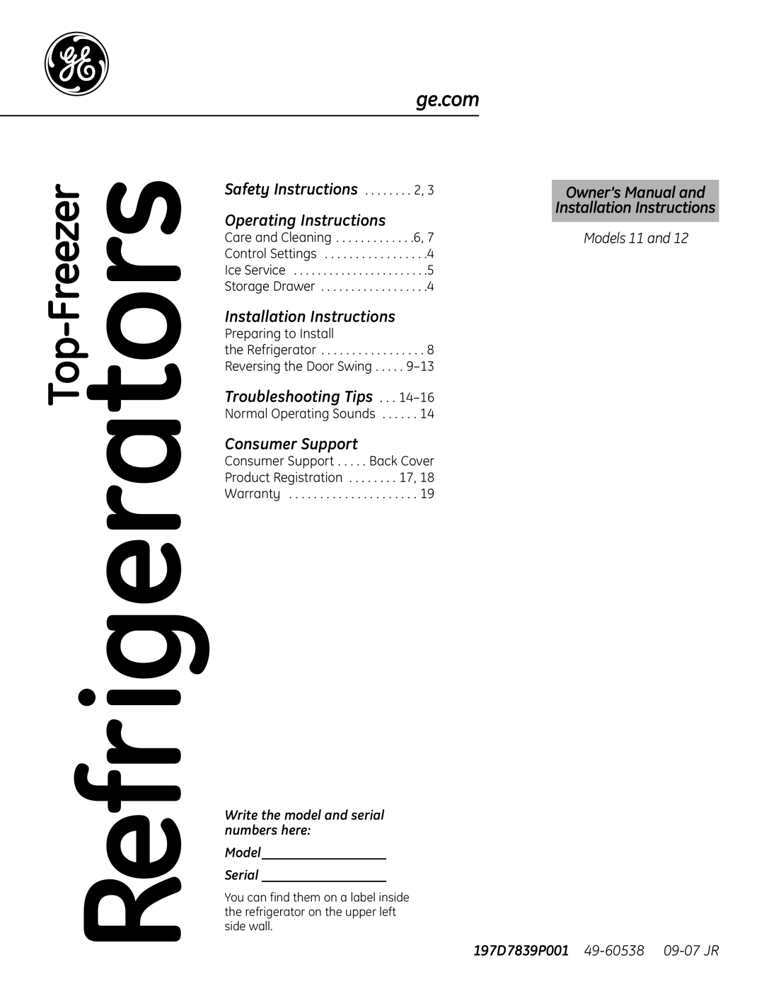 GE GTS12BBPLCC owner manual Refrigerators 