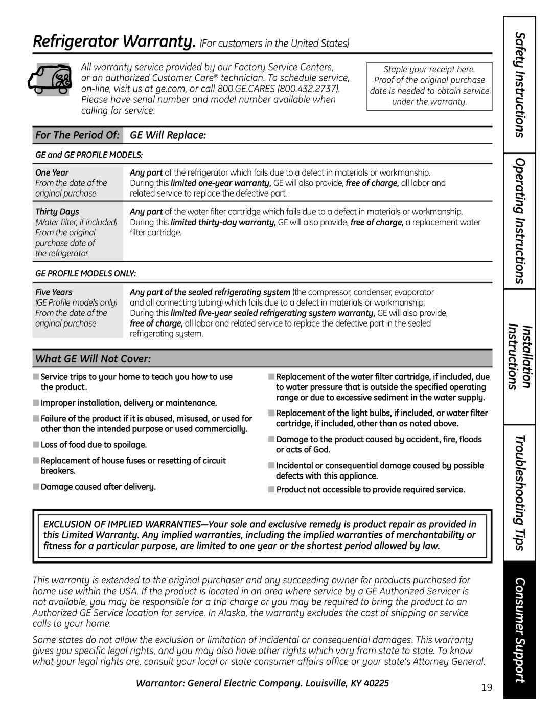 GE GTS12BBPLCC Safety Instructions Operating Instructions, GE Will Replace, What GE Will Not Cover, Troubleshooting 