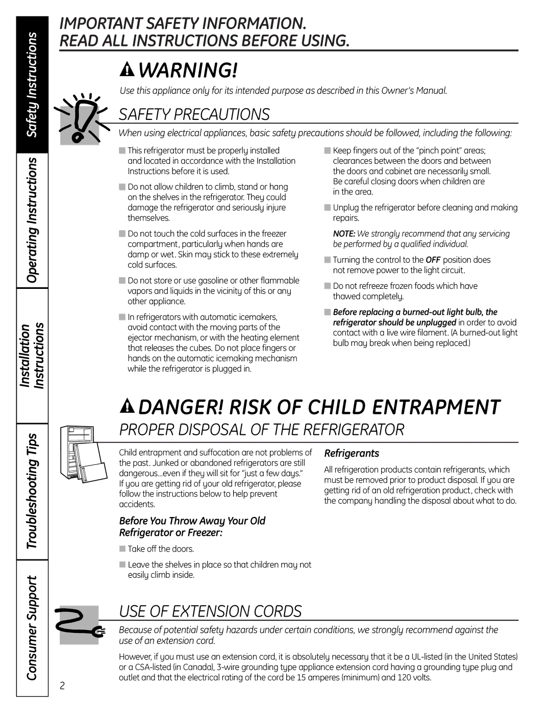 GE GTS12BBPLCC owner manual Operating Instructions Installation, Consumer Support Troubleshooting Tips 