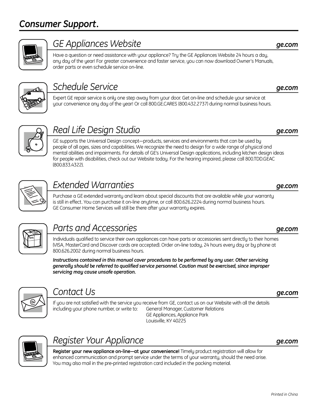 GE GTS12BBPLCC Consumer Support GE Appliances Website, Schedule Service, Real Life Design Studio, Extended Warranties 