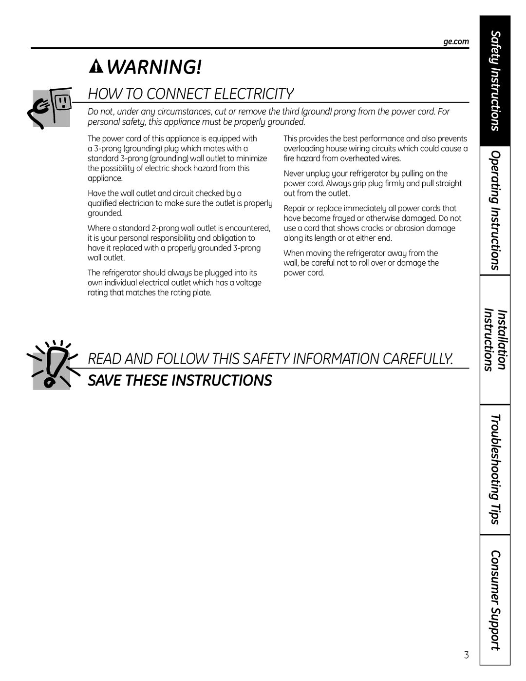 GE GTS12BBPLCC owner manual HOW to Connect Electricity, Operating Instructions 