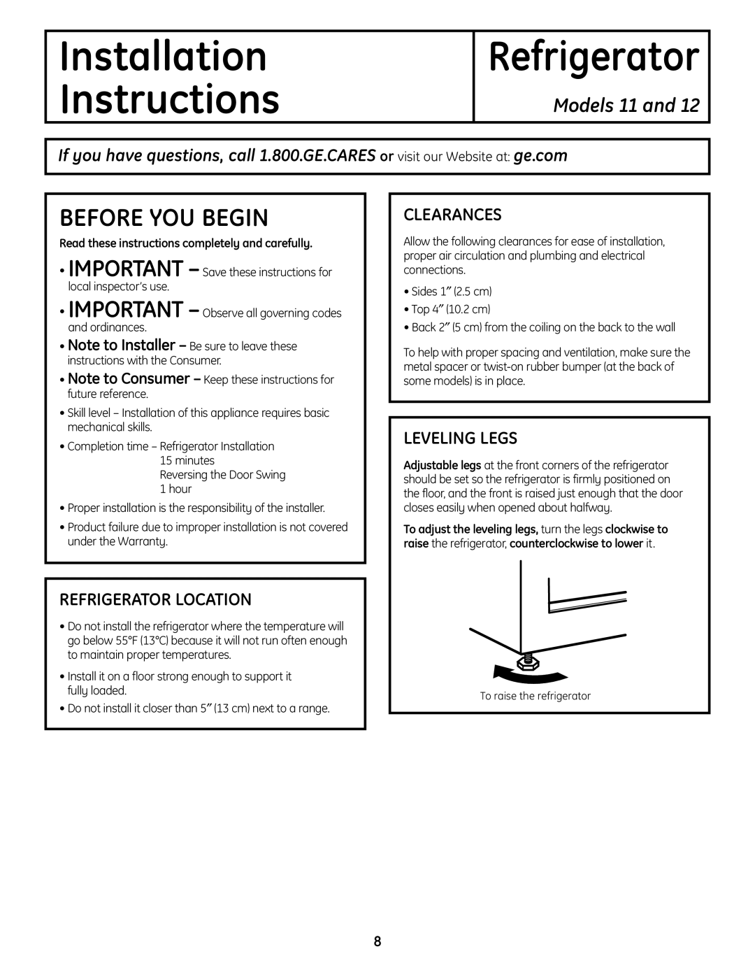 GE GTS12BBPLCC owner manual Refrigerator Location, Clearances, Leveling Legs 