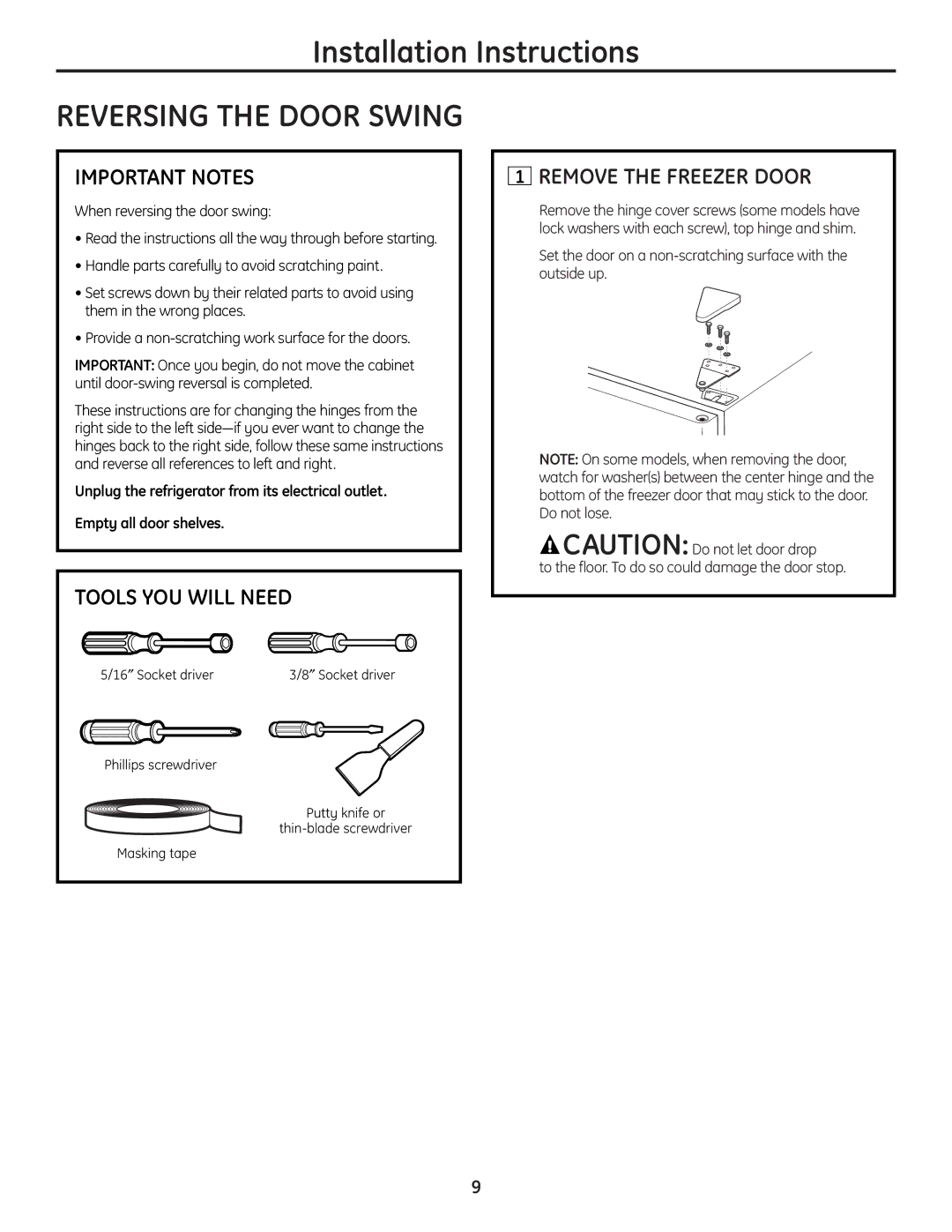 GE GTS12BBPLCC owner manual Important Notes, Tools YOU will Need, Remove the Freezer Door 