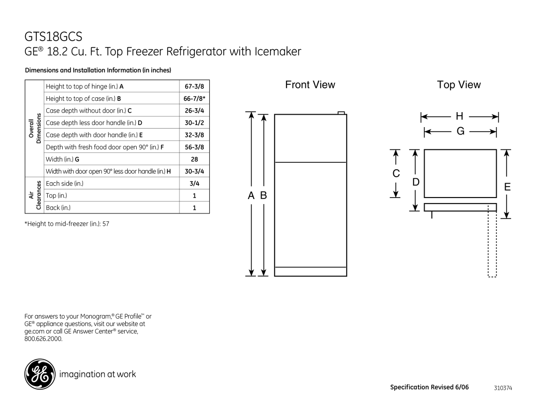 GE GTS18GCS dimensions GE 18.2 Cu. Ft. Top Freezer Refrigerator with Icemaker, Front View 