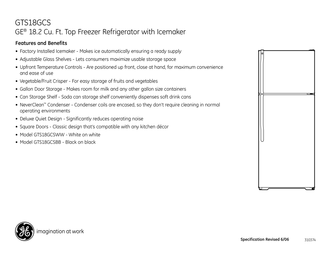 GE GTS18GCS dimensions Features and Benefits 