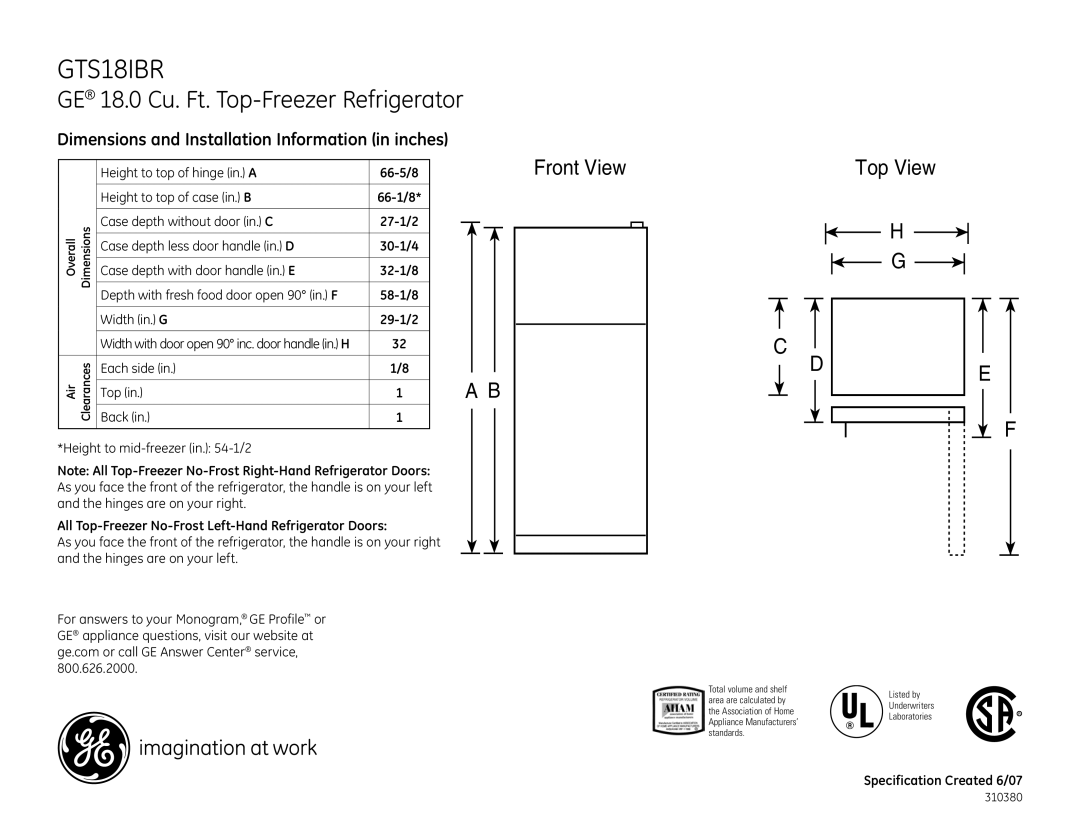 GE GTS18IBR dimensions GE 18.0 Cu. Ft. Top-Freezer Refrigerator, Top View, Front View 