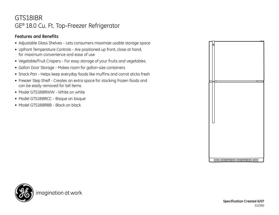 GE GTS18IBR dimensions Features and Benefits 