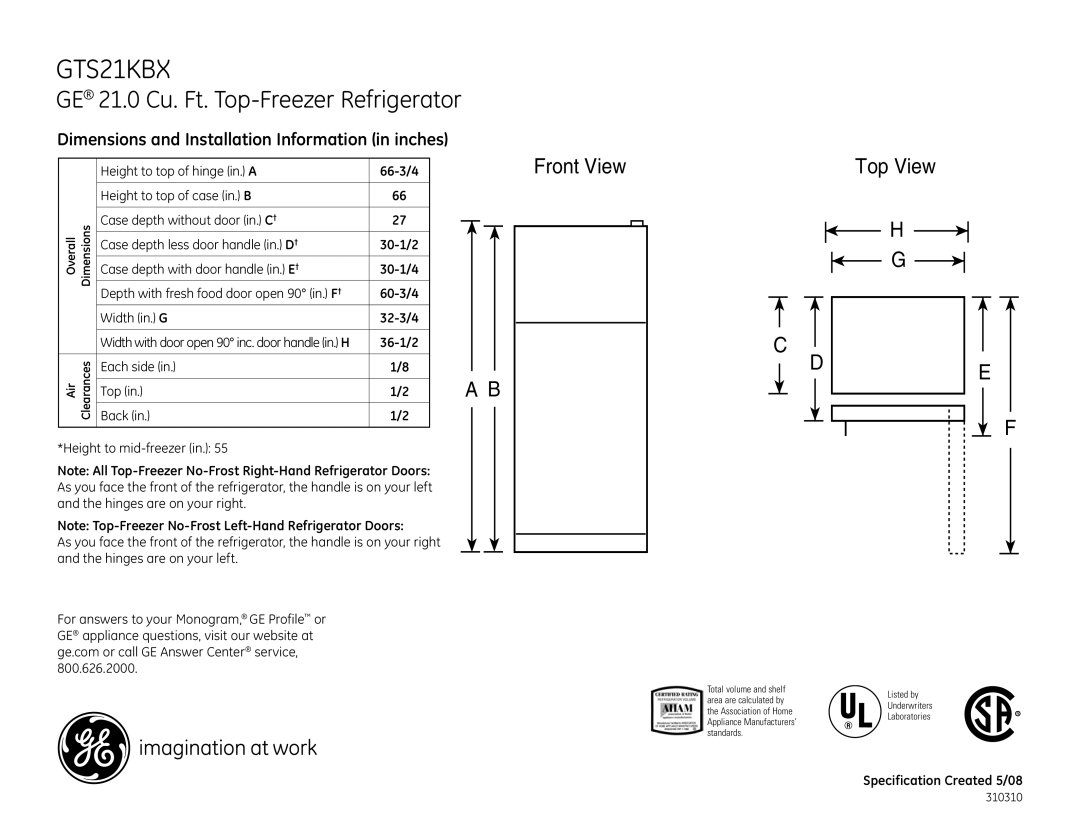 GE GTS21KBXWW dimensions GE 21.0 Cu. Ft. Top-Freezer Refrigerator, Top View, Front View 